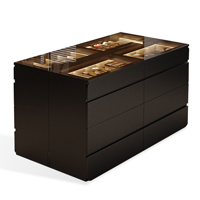 Armoire de rangement pour bijoux en verre trempé noir avec compartiments de style tiroir