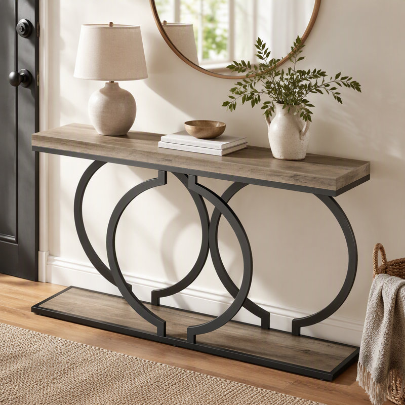 Table console 55 po, canapé de vestibule étroit avec structure en métal géométrique, Vintage Gray / Black, Vintage Gray