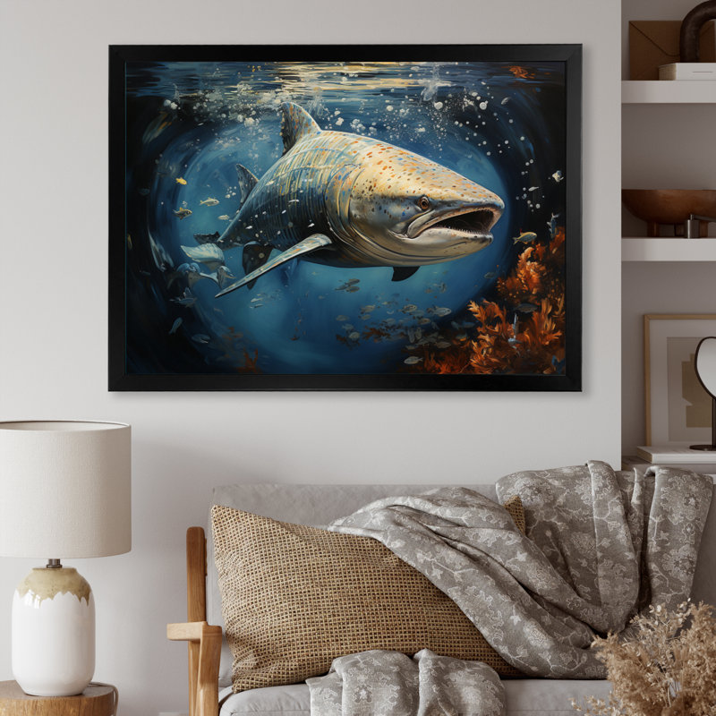" Gray Blue Shark Elegance II ", Black Picture Framed, 16" H x 32" W x 1" D
