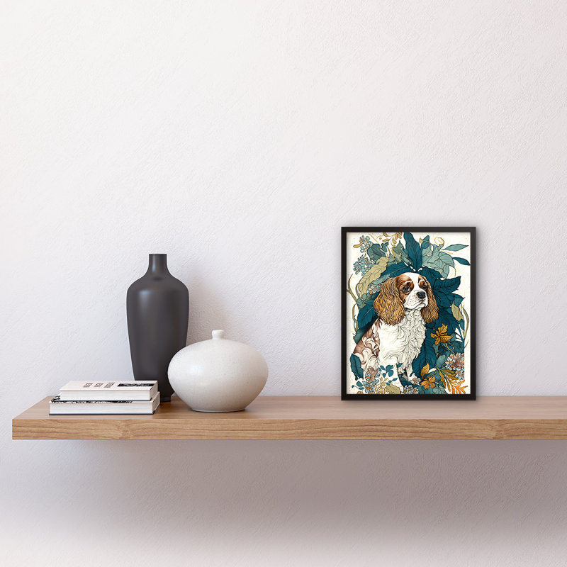 King Charles Spaniel Dog In Leafy Plants Modern - Single Picture Frame Print