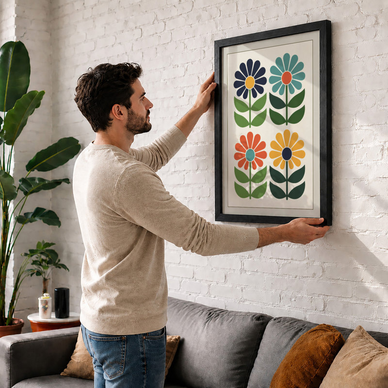 Four Stylized Blooms Mid-Century - Framed Print, A3 - 42.0 x 29.7 cm, White