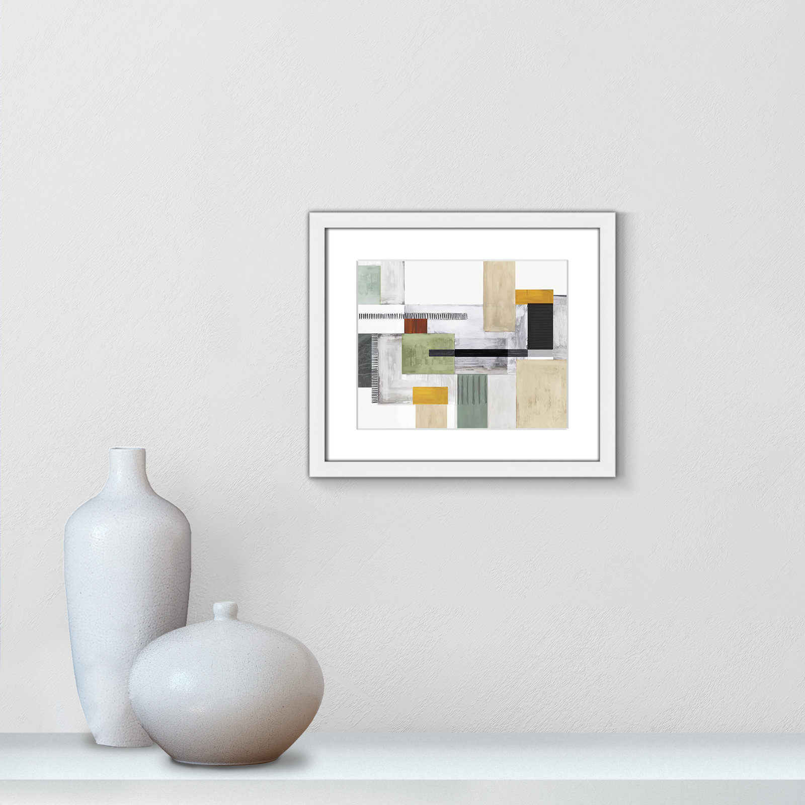 Playful Blocks by Tom Reeves, White Box Picture Framed, White, 13" H x 15" W x 1.25" D