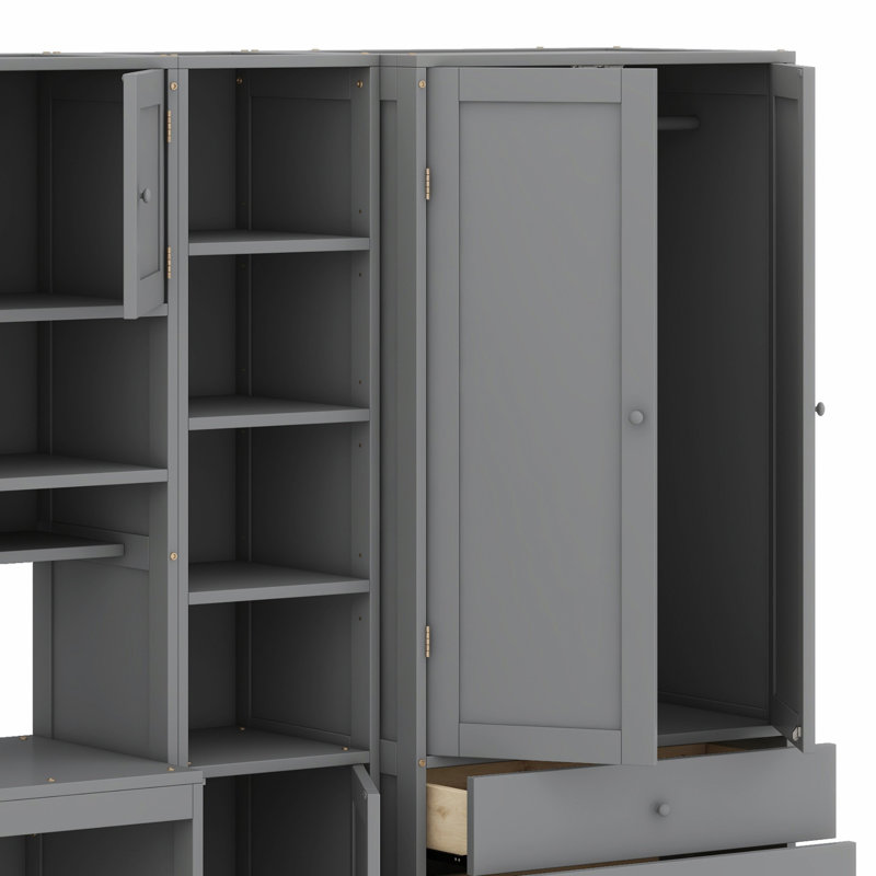 Lit plateforme fonctionnel en bois avec bureau, garde-robe, armoires, tiroirs et tablettes, Gris
