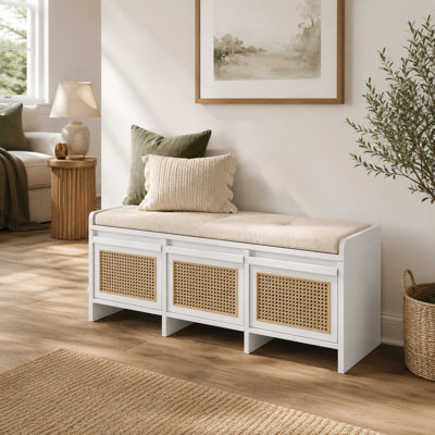 Banc de rangement en panneau de fibres à densité moyenne pour hall d'entrée avec tiroirs en rotin et coussin capitonné
