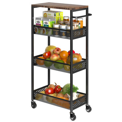 Slim Storage Cart 4 Tier Fruit And Vegetable Baskets For Kitchen Small Space, Narrow Rolling Cart On Wheels With Wooden Top And Metal Handle