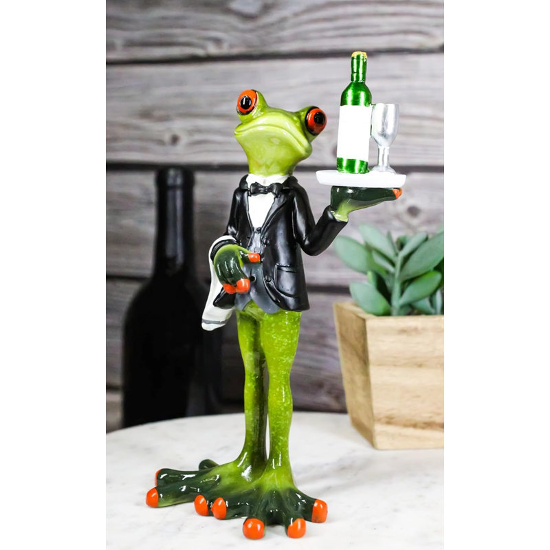 Green Toad Frog Silver Service Butler With Wine Glass And Bottle Figurine 7"H