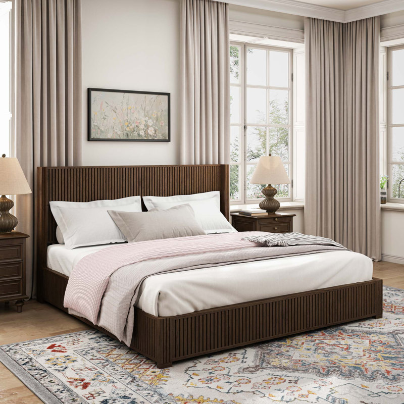 Sturdy Solid Wood Platform Bed Frame with Headboard, No Box Spring Needed, Walnut