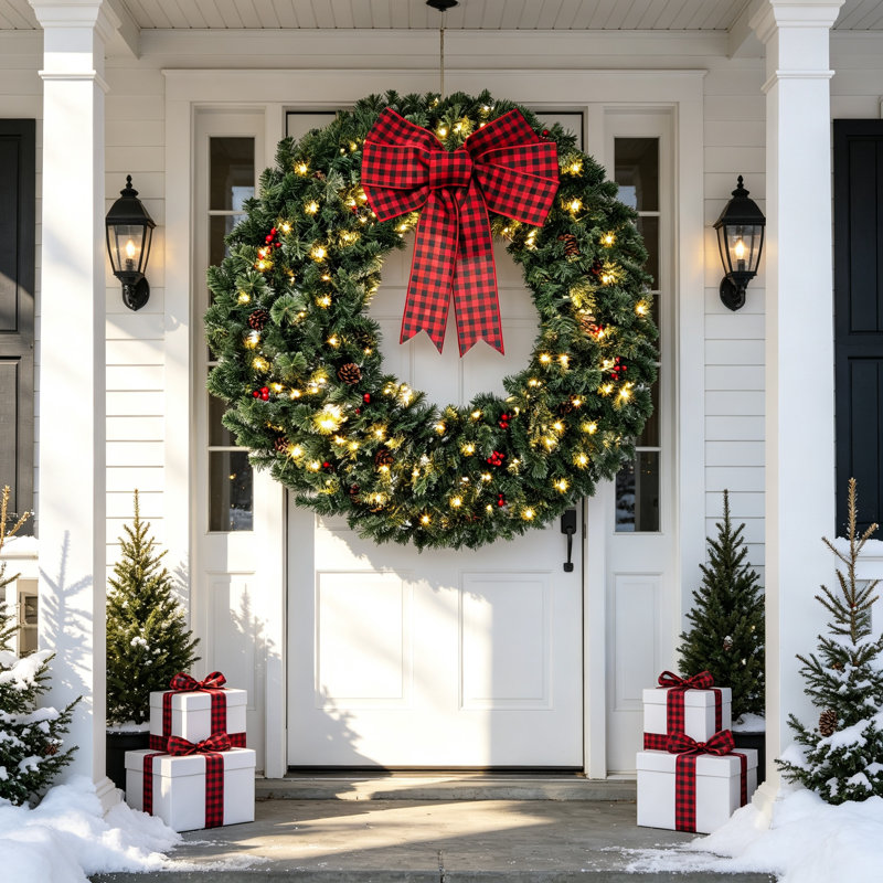 Couronne de Noël Crestwood Spruce pré-illuminée de 122 cm (48 po), 8 modes d'éclairage, avec nœud, pommes de pin et baies rouges