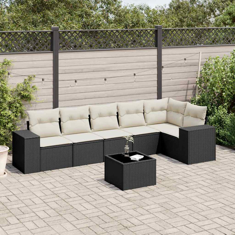  Ensemble de canapé de patio 7 pièces avec coussins en rotin de polyester noir, Noir