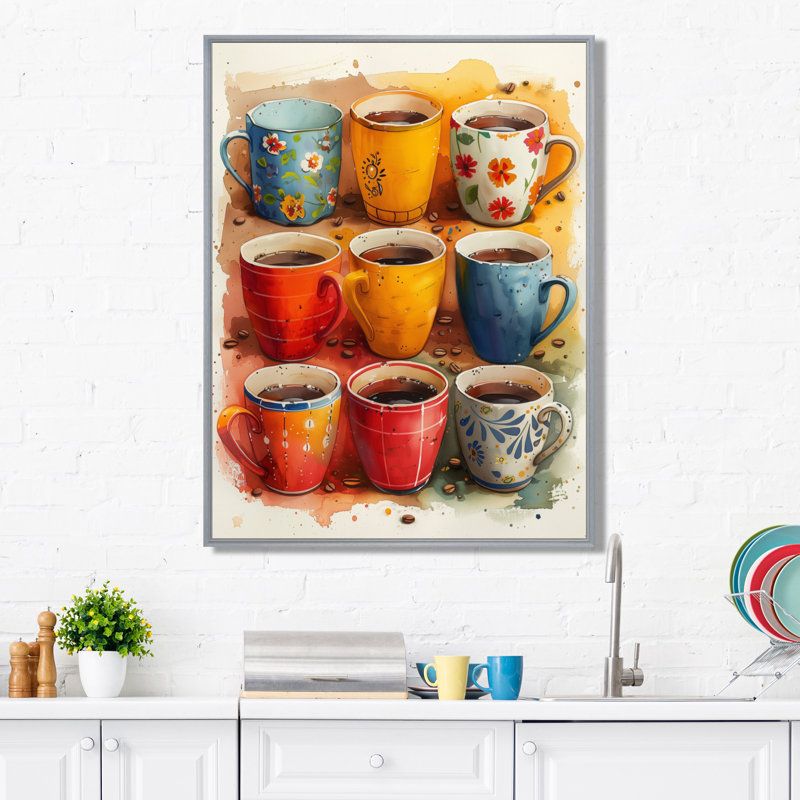 Tasse de café rouge et bleu Boho Morning II - café, art mural, Encadrement argenté, H 16 po x l 32 po