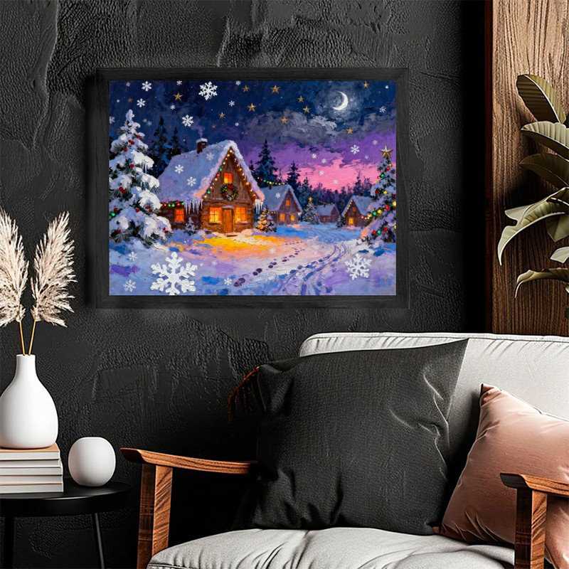 Impression sur toile encadrée noire, village de Noël impressionniste, nuit d'hiver enneigée, H 37 po x l 25 po