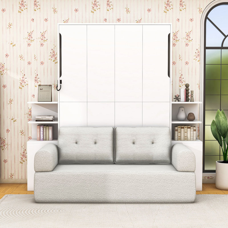 Lit escamotable double pleine grandeur avec rangement double et canapé intégré, Blanc