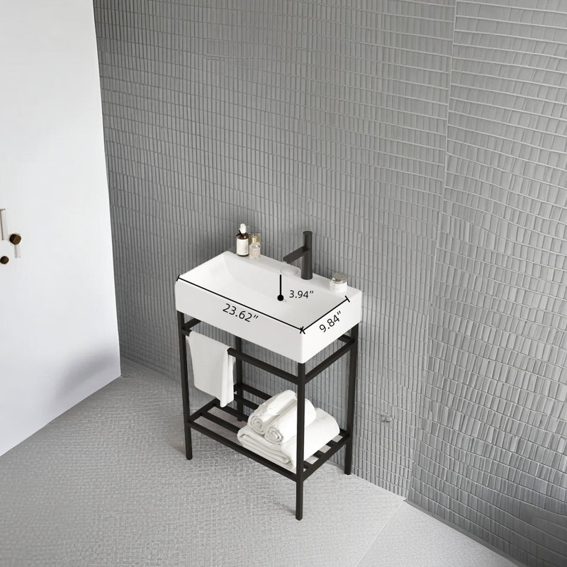 Ensemble de meuble-lavabo autoportant de 24 po avec lavabo en céramique lustré et console de rangement robuste en fer, disponible en plusieurs couleurs, sans robinet, facile à assembler