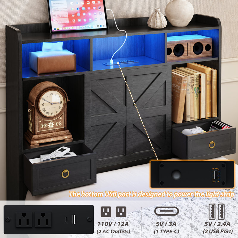 Twin Size Storage Bed with Extra Lager Footboard Drawers and Storage Headboard, USB&AC Charging Station, APP & Remote RGB Lights, Farmhouse Industrial Platform Bed, Noise-Free, No Box Spring Needed