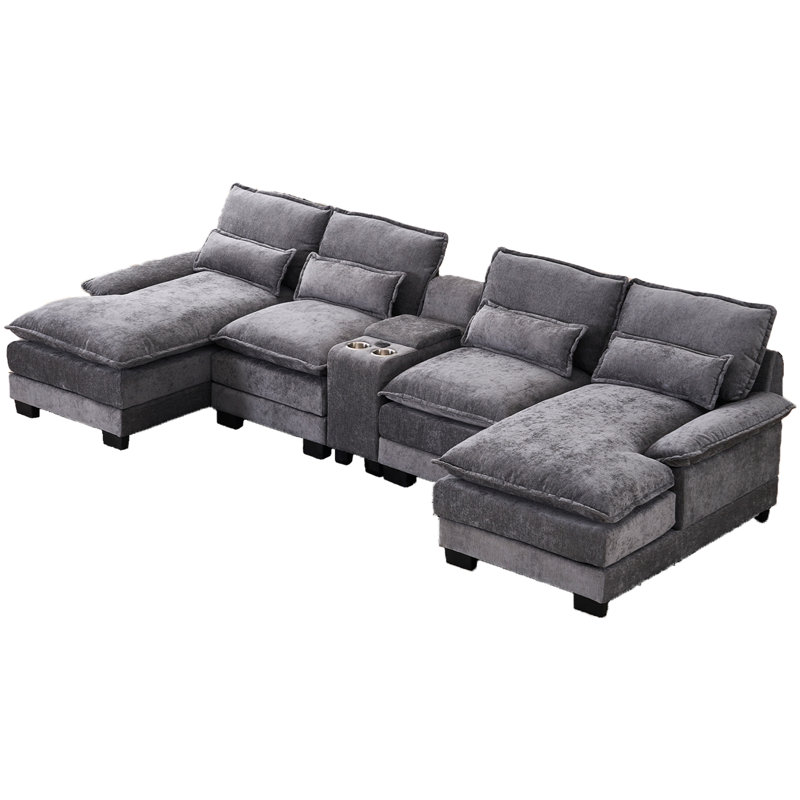 Siège en U de 123 x 55 po à 6 places avec méridienne double, console et ports pour l'intérieur, canapé-lit en chenille gris, accoudoirs en mousse à haute densité avec console, porte-gobelets, support lombaire avec cadre