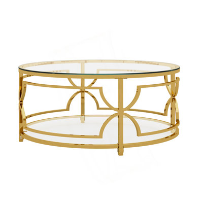 Round Tempered Glass Coffee Table In 30.7",Luxurious Geometric Metal Frame,Lower Shelf