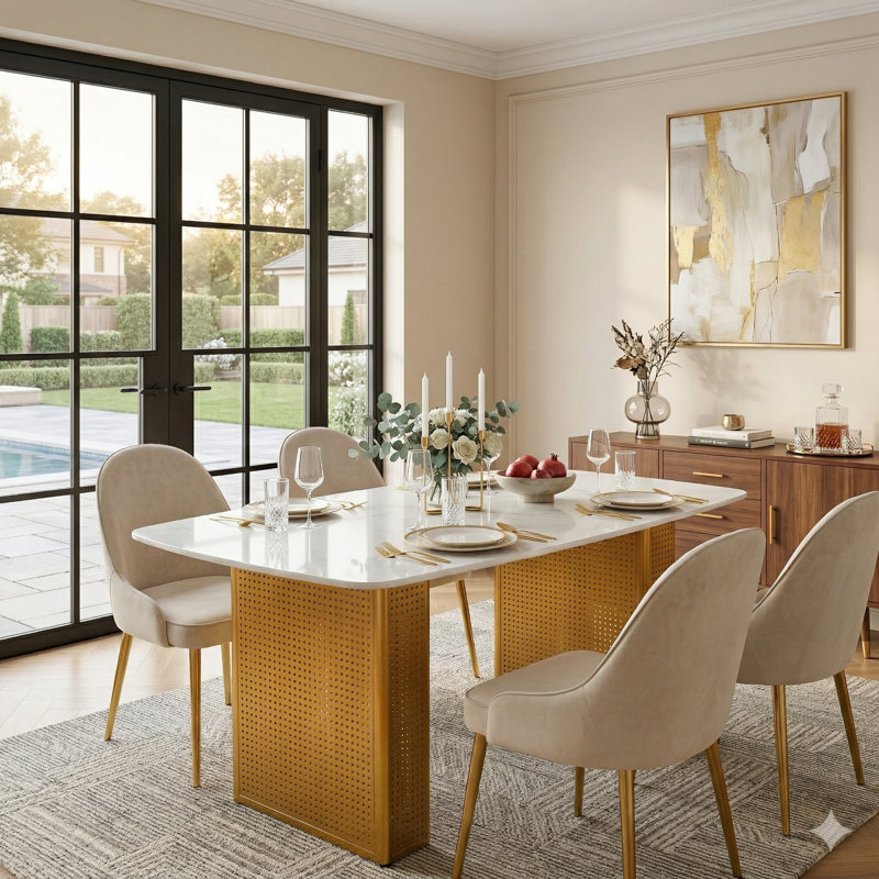 Table de salle à manger rectangulaire moderne en verre trempé avec motif en marbre et base en métal à double piédestal doré, table de cuisine contemporaine pour salle à manger, bureau à domicile