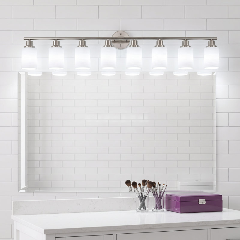 Applique murale moderne pour salle de bain 52 lumières en nickel 52 po avec abat-jour en verre givré blanc laiteux, Nickel