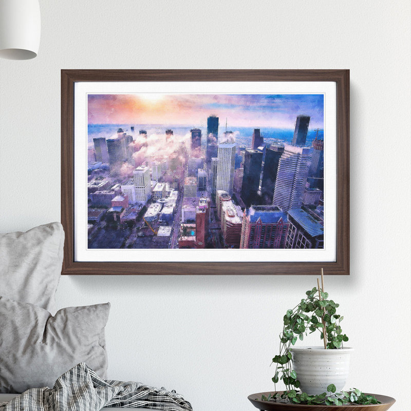 Houston Texas Skyline - Picture Frame Painting Print, 62cm H x 87cm W x 2cm D, Walnut Framed