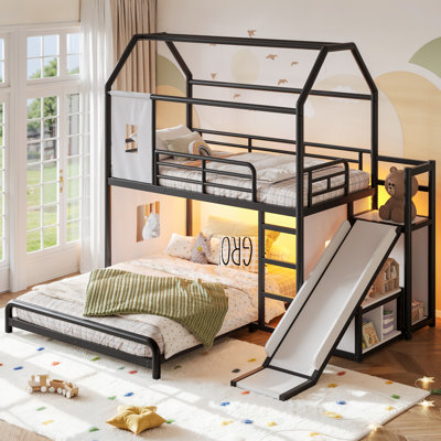 Lit superposé en métal avec glissade et échelle, en forme de maison, avec lumière DEL, rideau, armoire de rangement et tringle, noir.