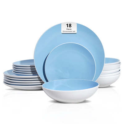 HomeVSS Coupe Shape 18-Piece Stoneware Dinnerware Set, Outside White & Inside Shiny Glaze, Service for 6