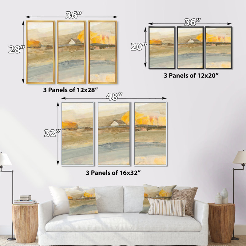 «Coming On Farmhouse Landscape», ensemble de 3 toiles encadrées traditionnelles, H 32 po x l 48 po x P 1 po, Brun