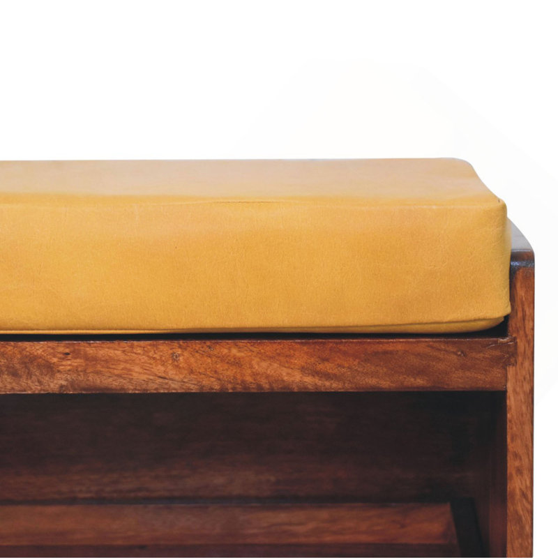 Banc de rangement escamotable en bois massif et cuir caramel, 2 tablettes