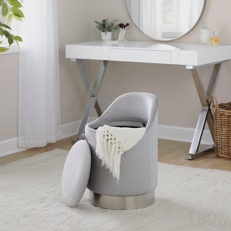 Tabouret de coiffeuse 18 po avec pivot en métal chromé et velours argenté, Silver/Chrome