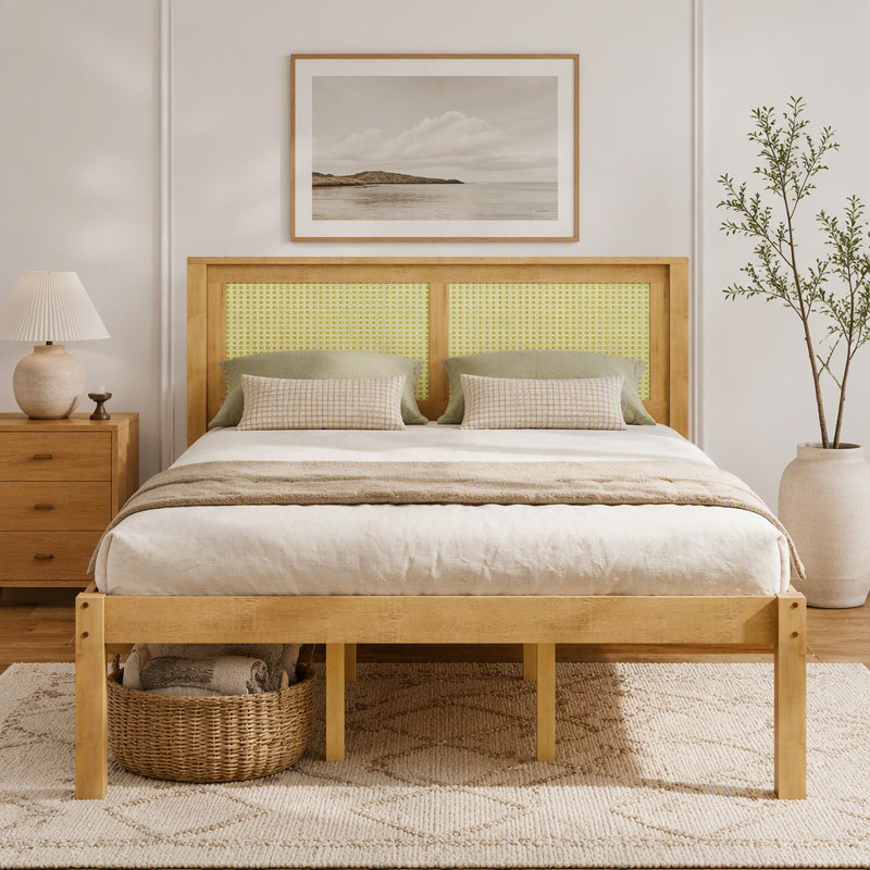 Lit plateforme queen en bois massif avec tête de lit en rotin et rangement sous le lit ; sommier non requis