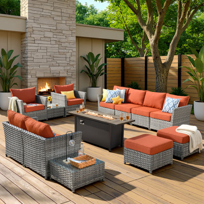 Briela 8 - Person Outdoor Seating Group with Cushions with Fire Pit table No Assembly Required
