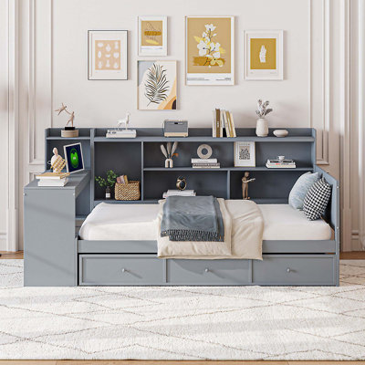 Lit de jour en bois avec 3 tiroirs, ports USB et bureau