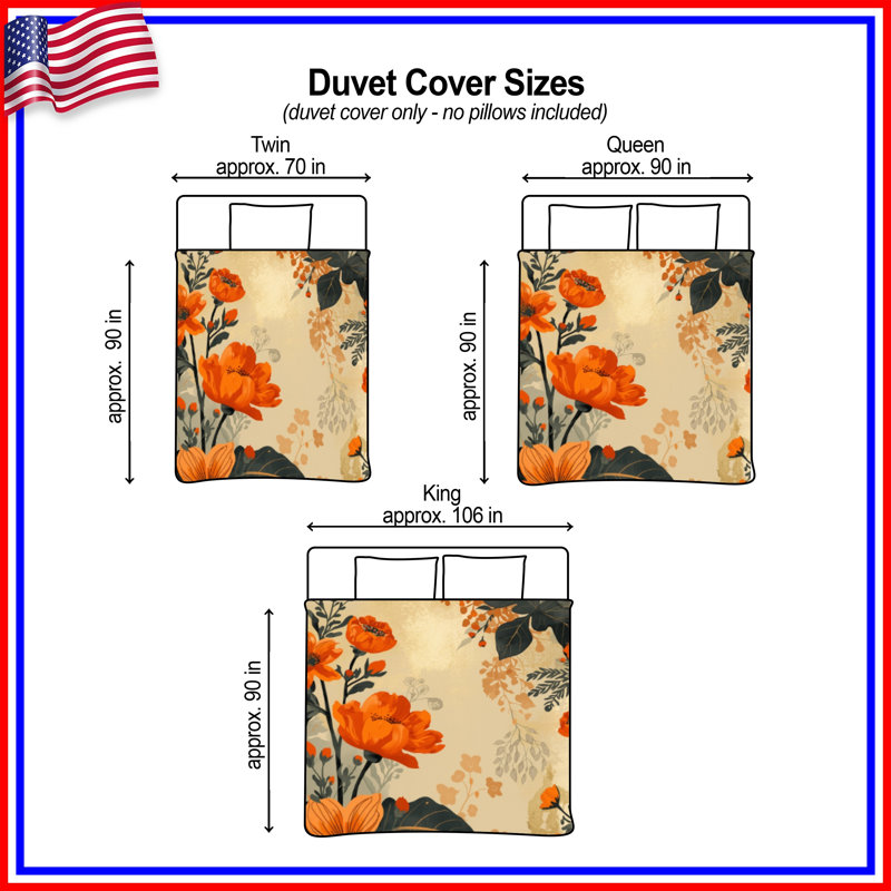 Housses de couette orange à motif floral, Lit simple