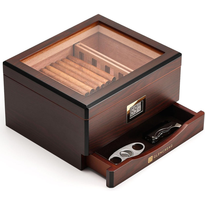 Reddish Brown Cedar Humidor Box with Glass Top and Hygrometer