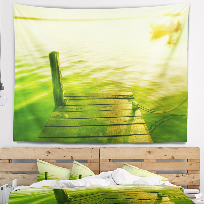 Boardwalk en bois bridge en tapisserie vert sea, H 32 po x l 39 po
