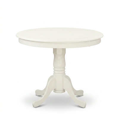 Ensemble de salle à manger 3 pièces en bois massif blanc lin, avec table ronde et 2 chaises à pied central en similicuir.
