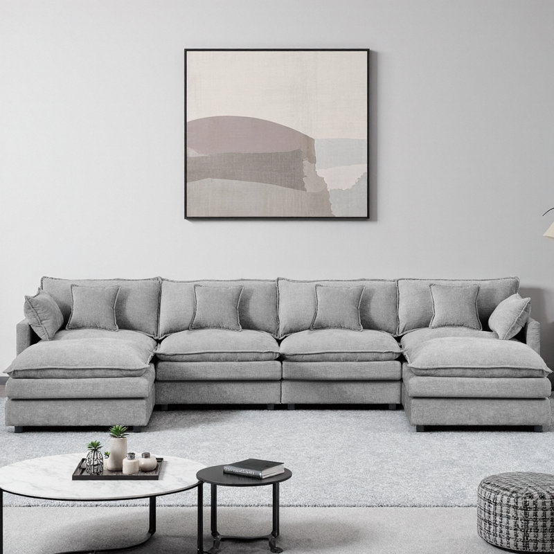 130.7" Chenille U-Sectional – Modular Cloud Seats, 2 Movable Ottomans, DIY U/L/Sleeper Layouts, Vacuum-Flat Packs, Gray