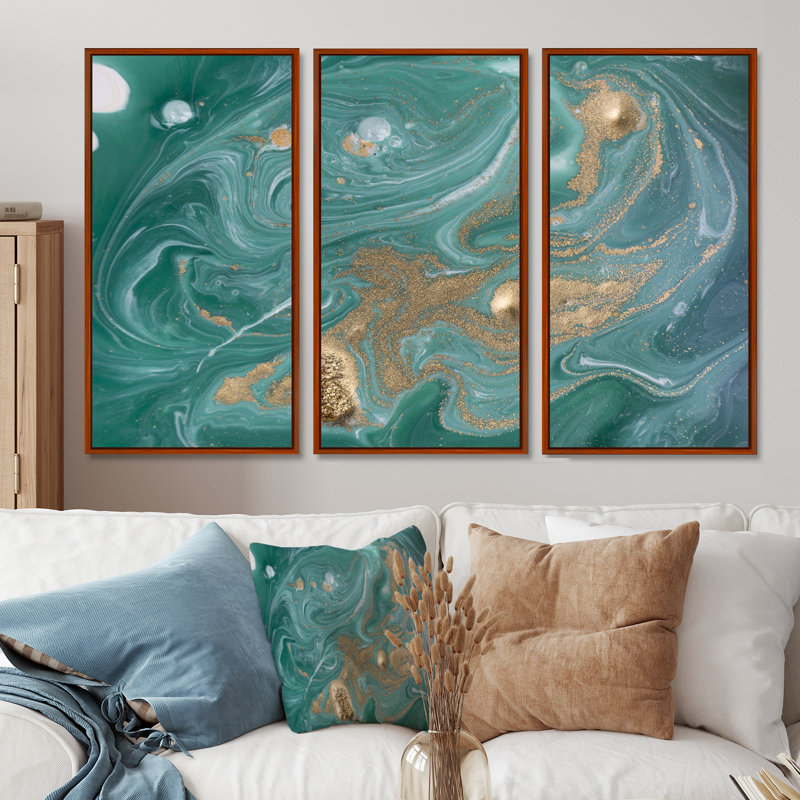 Nature verte et marbre doré - ensemble d'art mural sur toile Glam, H 28 po x l 36 po, Brun
