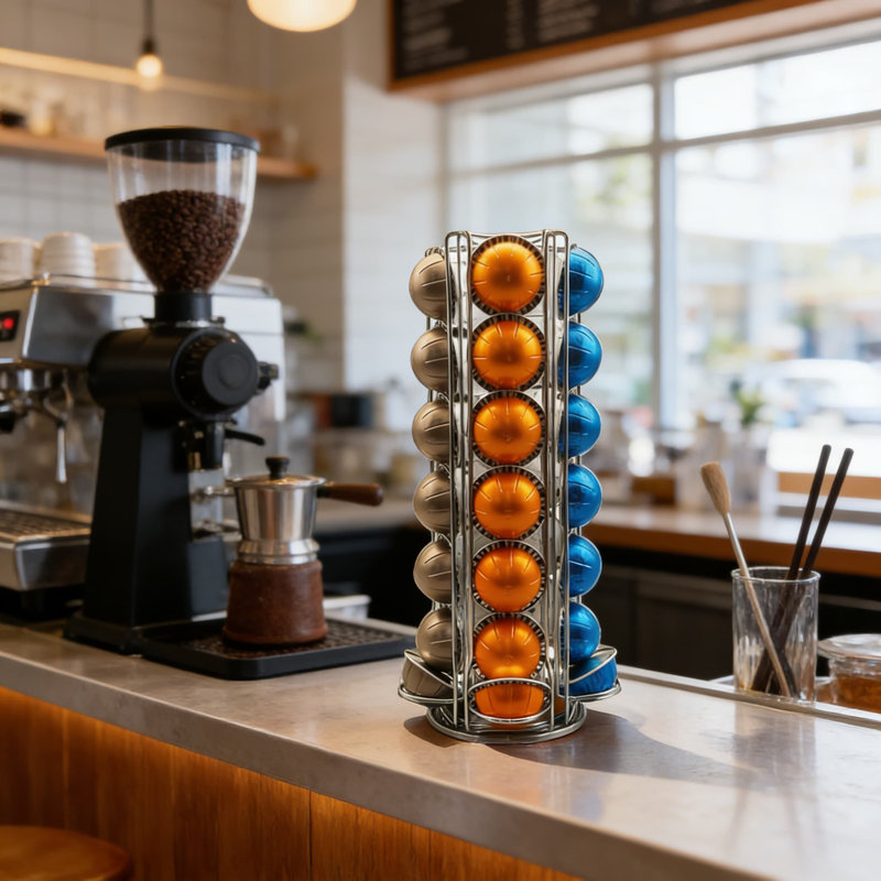 Support à carrousel Nespresso Vertuo avec plateau de rangement - organisateur de 35 capsules avec une rotation silencieuse de 360 degrés et une base résistante aux égratignures