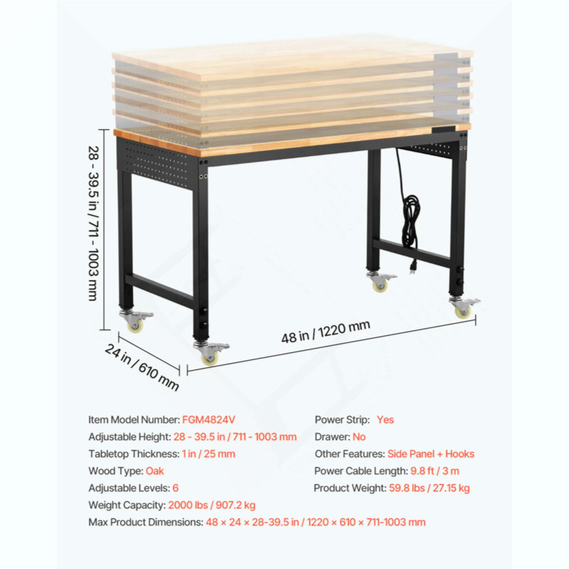 Workbench On Wheels Adjustable Height Table With Power Outlet Pegboard