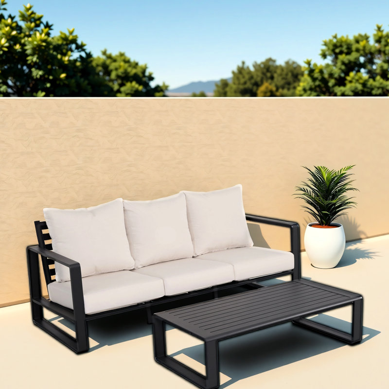 Table basse Three and Rectangular, coussins confortables gris, aluminium avec table, coussin moelleux, fabrication
