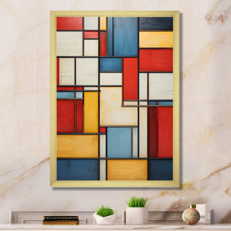 «Geometric Abstraction Composition II», art abstrait géométrique encadré, Encadrement doré, H 20 po x l 12 po x P 1 po