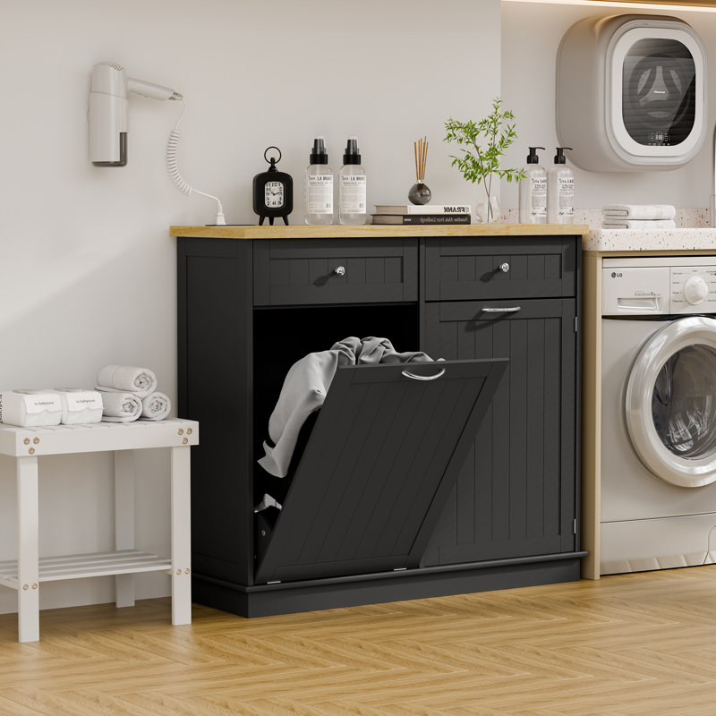 13 Gallon Tilt Out Trash Can Cabinet with Charging Station, Freestanding Hidden Garbage Can Cabinet with Adjustable Shelf, Wooden Cabinet for Kitchen and Laundry Hamper