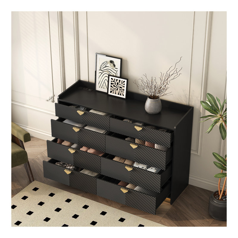 Commode double 8 tiroirs pour chambre à coucher avec DEL, commode moderne avec panneau cannelé, organisateur de rangement large en bois, commode pour chambre à coucher, salon, noir