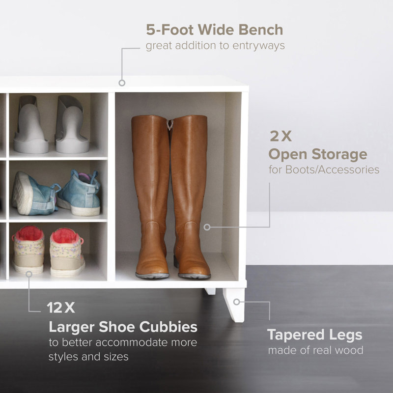 White Wooden Entryway Shoe Storage Bench with 14 Cubbies