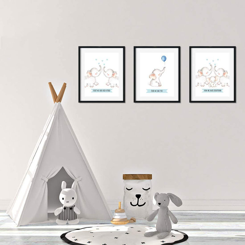 «Crave First We Had récréation, puis vous maintenant, nous avons tout», ensemble de 3 éléphants, impression sur papier, Bleu