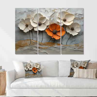 Blanc et orange, coquelicots en fleurs - coquelicots, art mural pour le salon - ensemble de 3