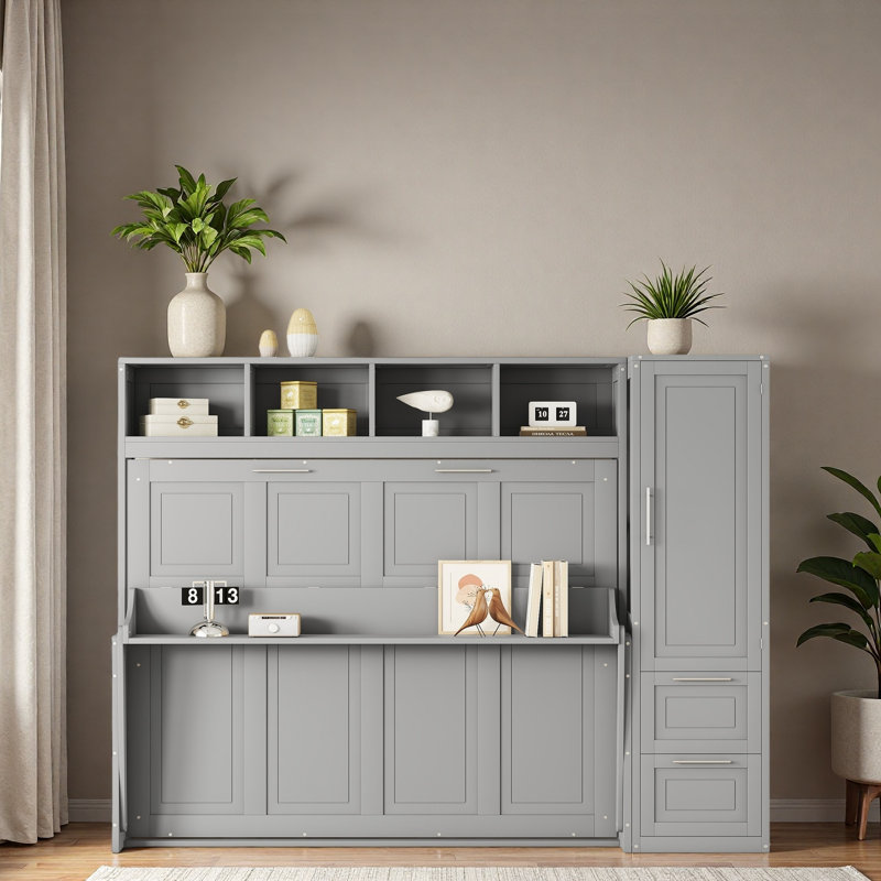 Grand lit escamotable mural avec placard et tiroirs, Gris