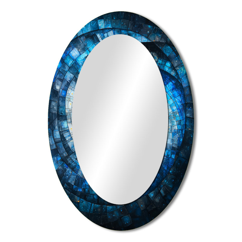 Black Blue Fractal Black Hole III - Large Oval Wall Mirror On Metal, 36" x 24"