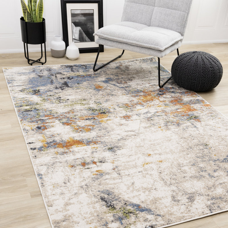 Tapis d'intérieur abstrait bleu / orange / gris Beaumys, Rectangle 5 pi 3 po x 7 pi 7 po