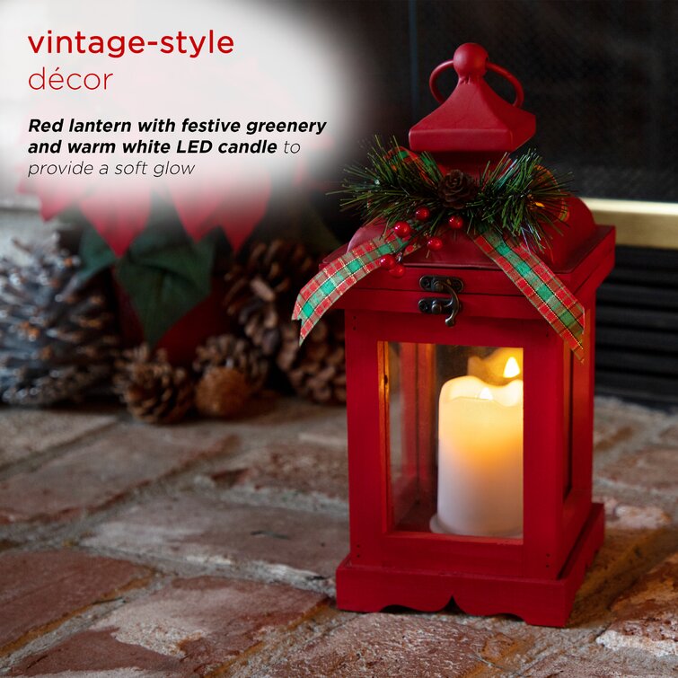 Alpine Antique Metal & Glass Lantern with Warm LED Lights, Red